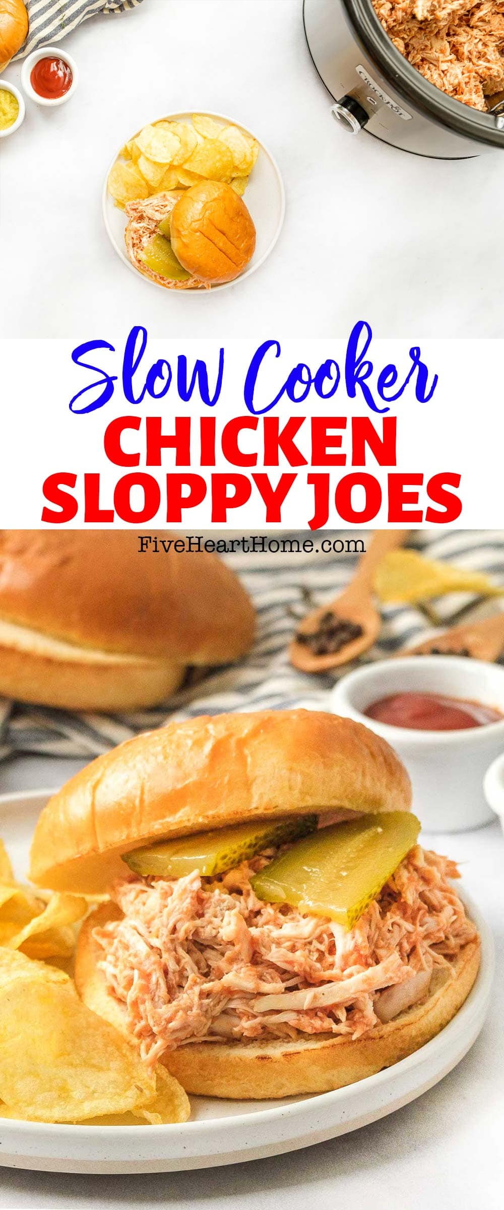 Chicken Sloppy Joes ~ combine juicy shredded chicken with a quick, homemade sloppy joe sauce for messy, yummy sandwiches that effortlessly come together in the crockpot and are sure to please the entire family! | FiveHeartHome.com via @fivehearthome