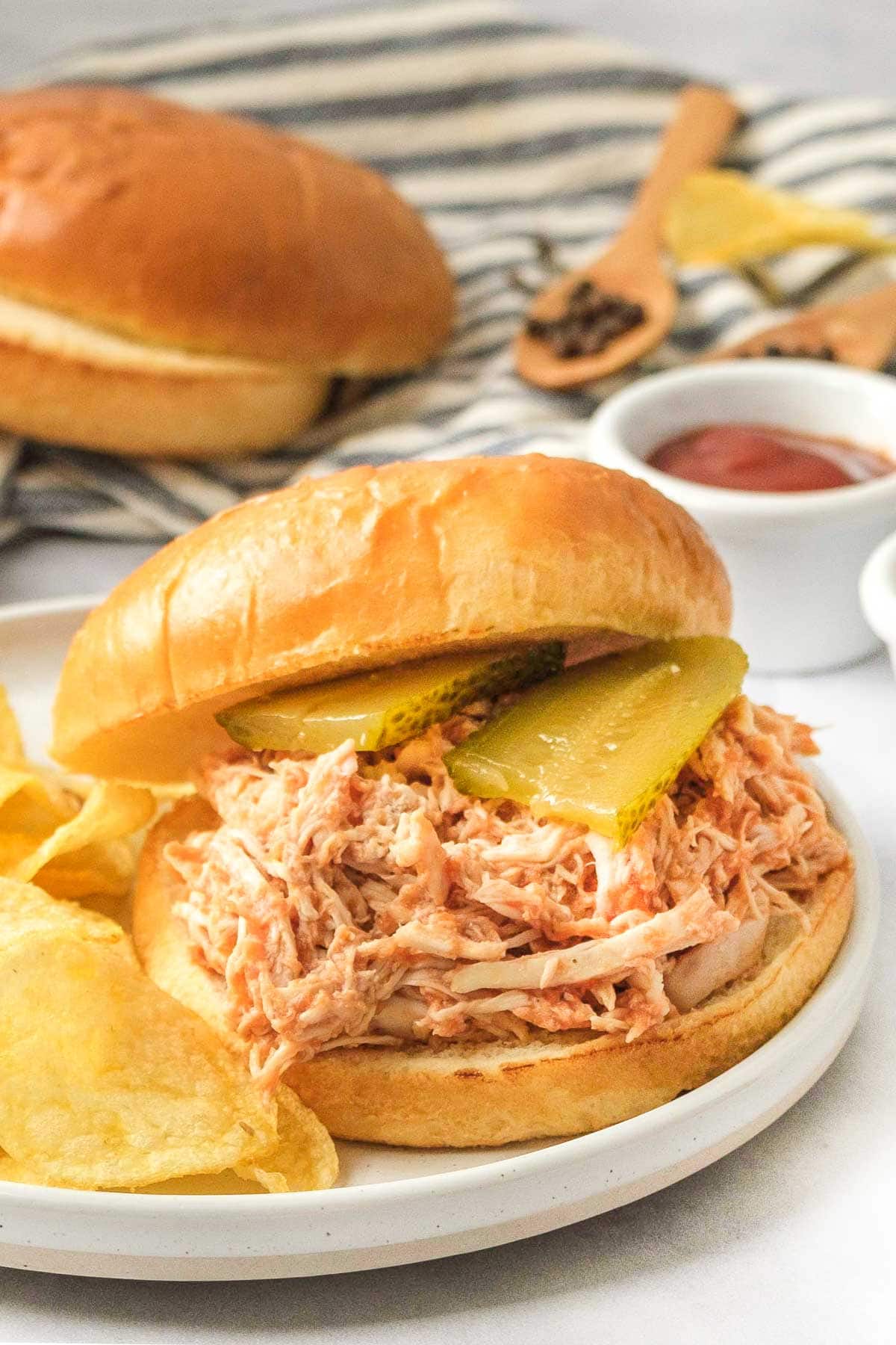 Chicken Sloppy Joes with pickles and potato chips.