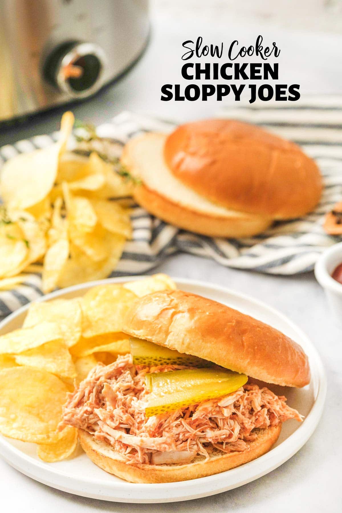 Slow Cooker Chicken Sloppy Joes with text overlay.