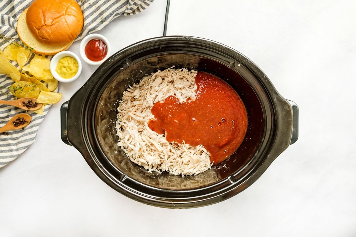 Slow cooker Chicken Sloppy Joes ingredients in crock pot.