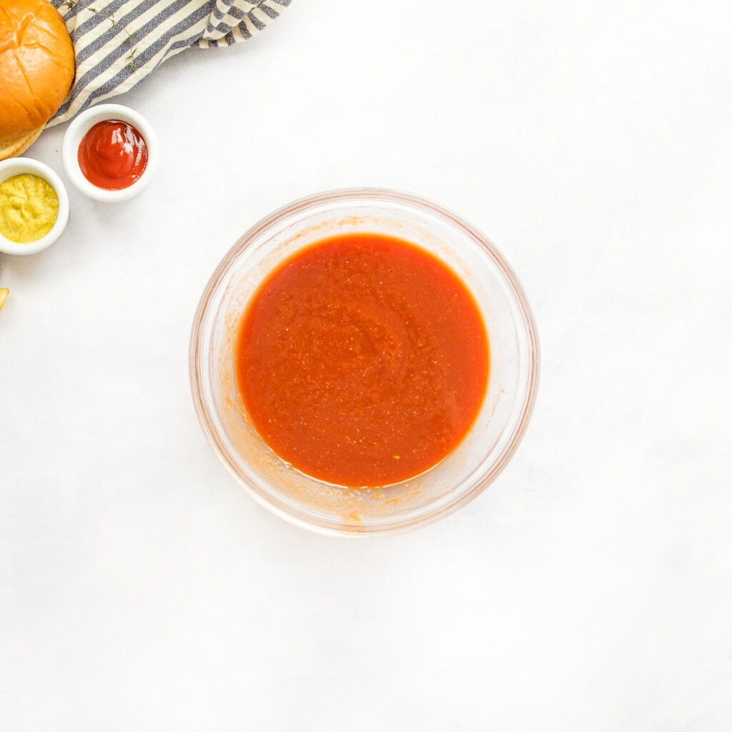 Homemade sloppy joe sauce in bowl for Chicken Sloppy Joes.