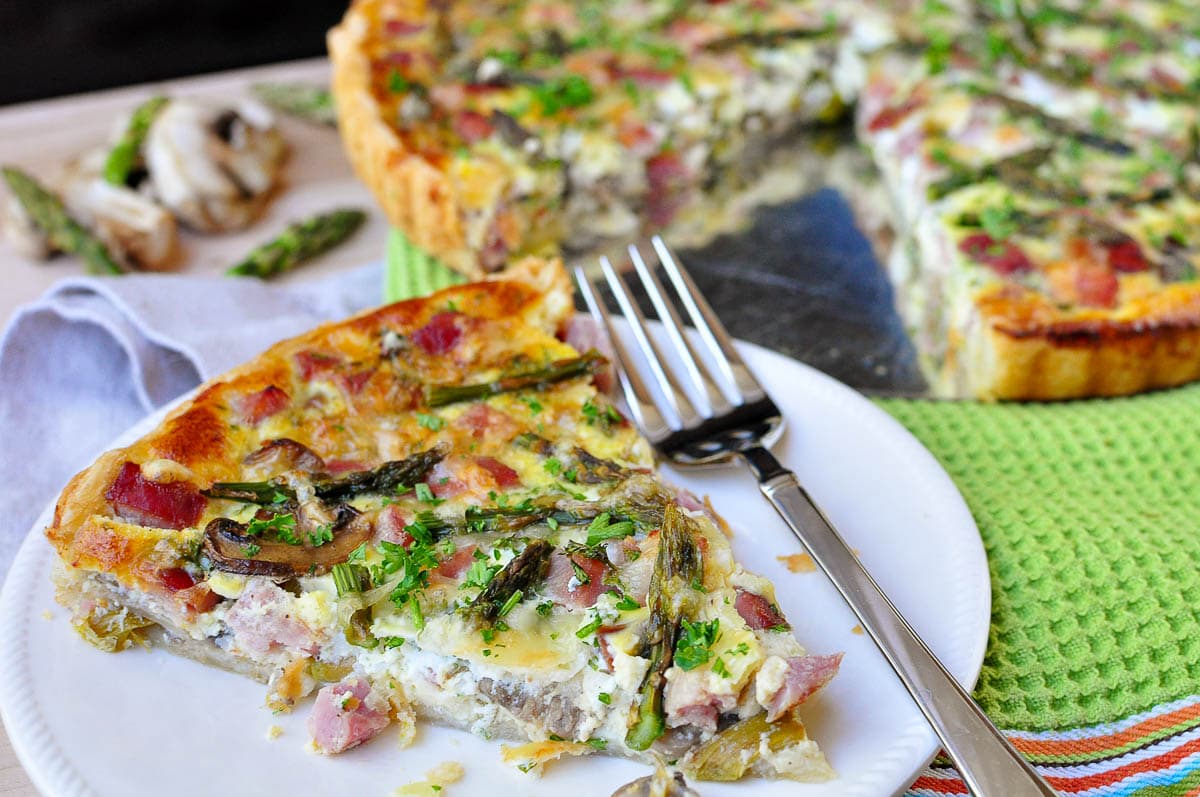 Asparagus Tart on plate and in pan.