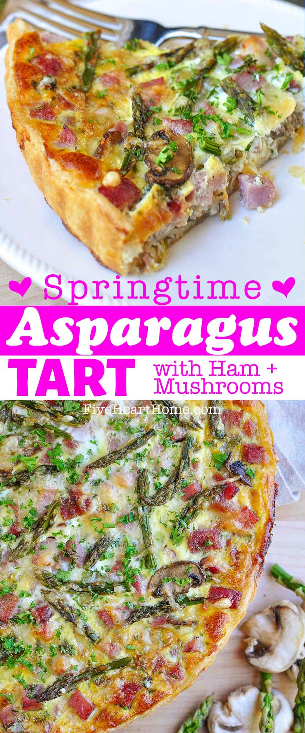 Asparagus Tart ~ this lovely springtime tart will be the star of your brunch, lunch, or light dinner, between its garlic-laced asparagus and mushrooms, savory ham and Swiss, and flaky, buttery crust! | FiveHeartHome.com via @fivehearthome