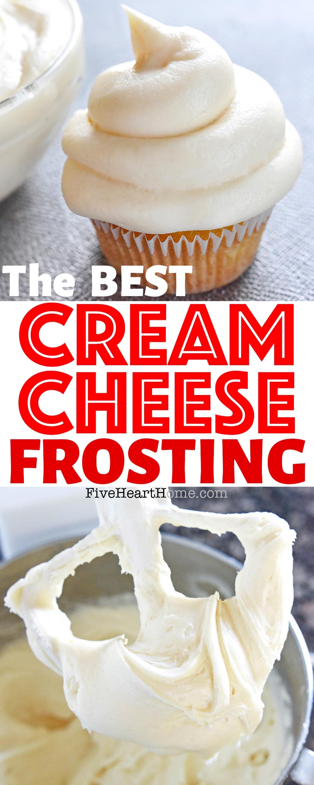 Cream Cheese Frosting ~ quick and easy to make in a matter of minutes with just FOUR simple ingredients. Versatile enough to use on a variety of cakes, cupcakes, and desserts, this cream cheese frosting recipe is truly the BEST! | FiveHeartHome.com via @fivehearthome