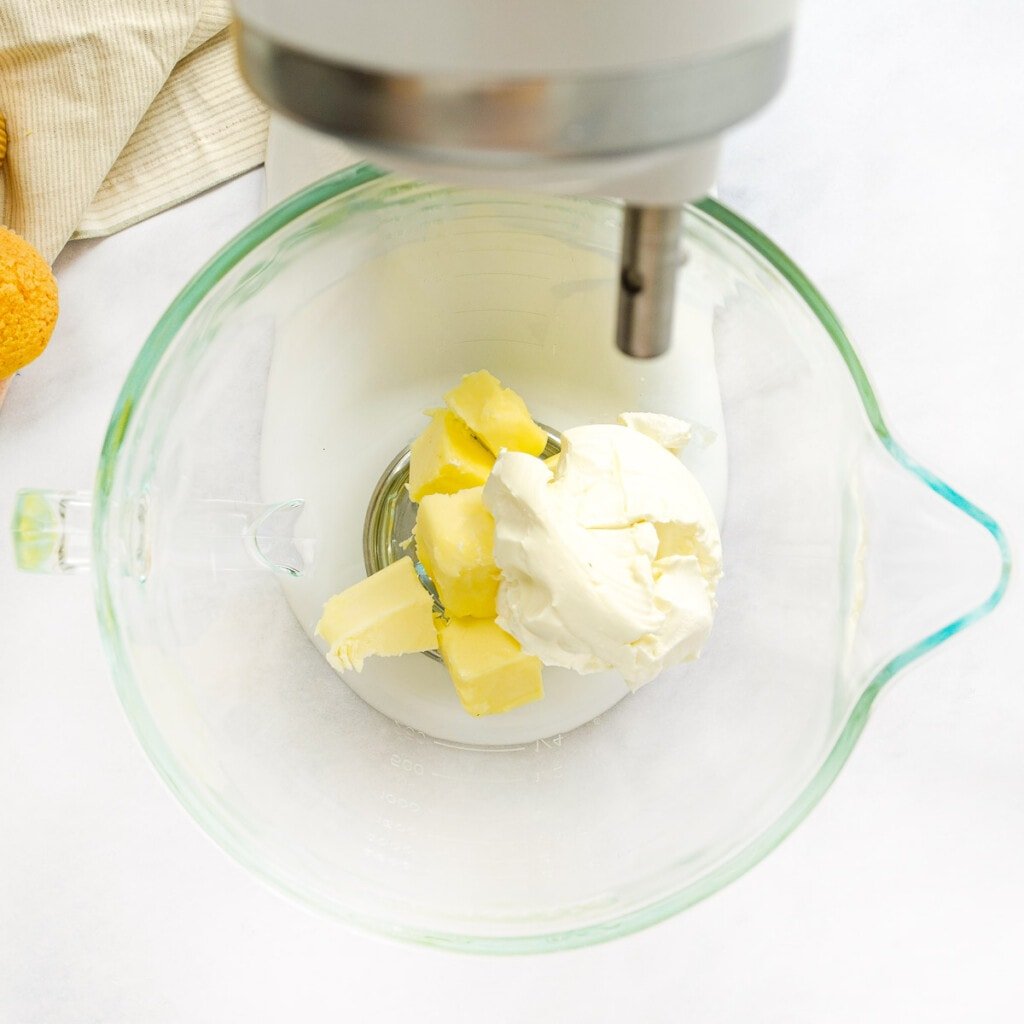 Ingredients in bowl of stand mixer.