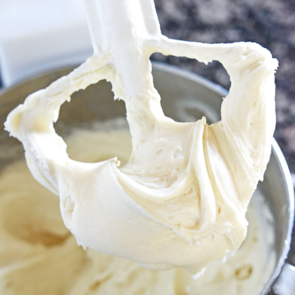 Recipe for cream cheese frosting on beater.