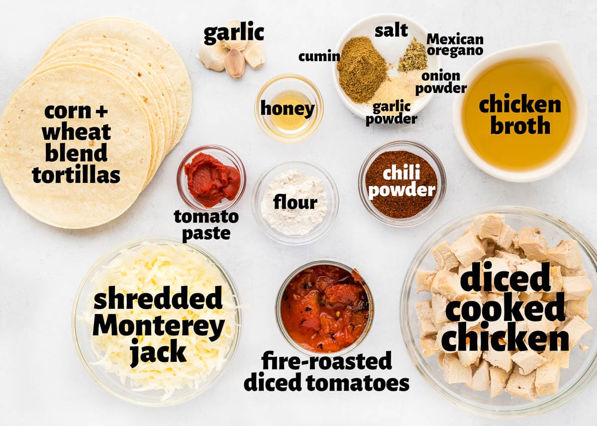 Labeled ingredients to make Crock Pot Chicken Enchiladas.