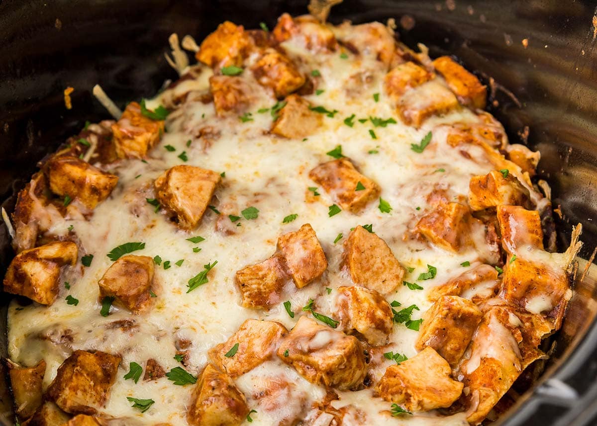 Close-up of Crock Pot Chicken Enchiladas with cilantro sprinkled on top.