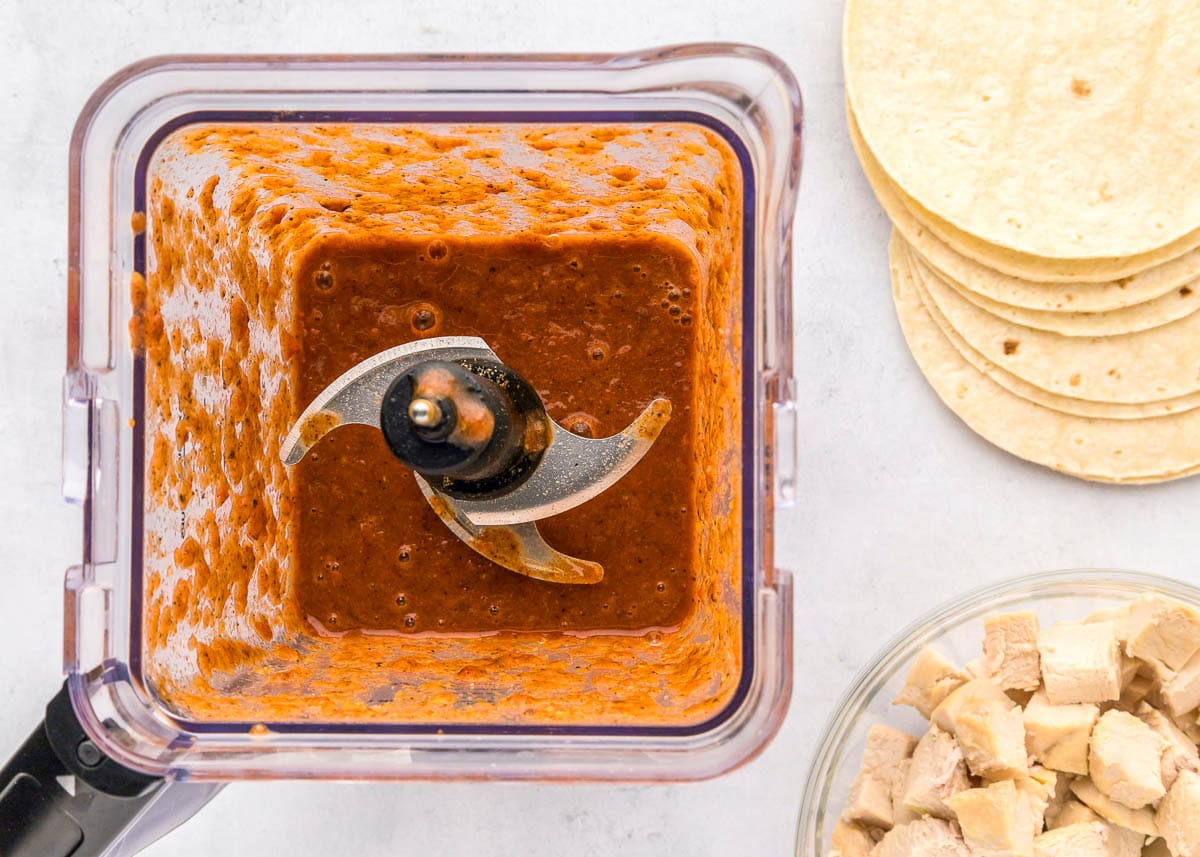 Sauce for Crock Pot Chicken Enchiladas prepared in blender.
