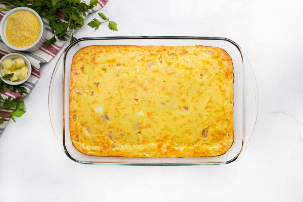 Cheese Grits Casserole with ham fresh out of oven.