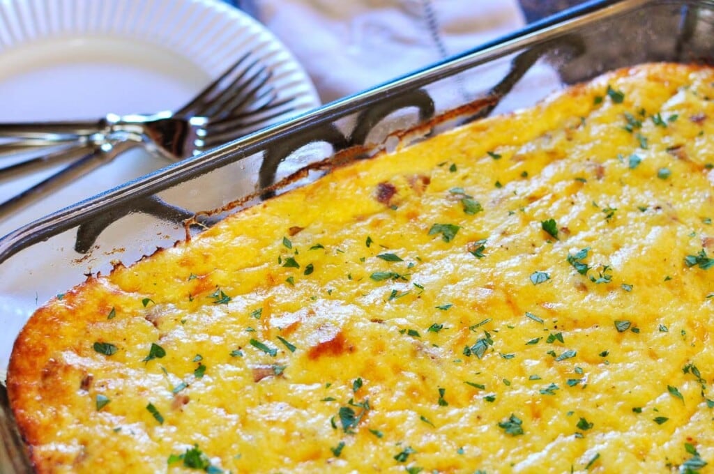 Close-up of Grits Casserole in dish.