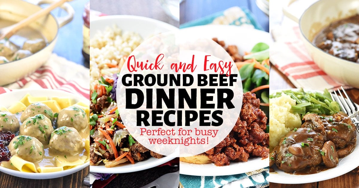 Easy Ground Beef Recipes, four-photo collage of what to make with ground beef, including sloppy joes, egg roll in a bowl, meatballs, and salisbury steaks.