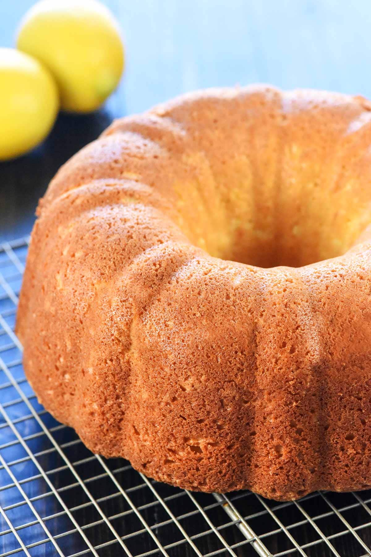 Lemon Pound Cake made in bundt pan fresh out of the oven.