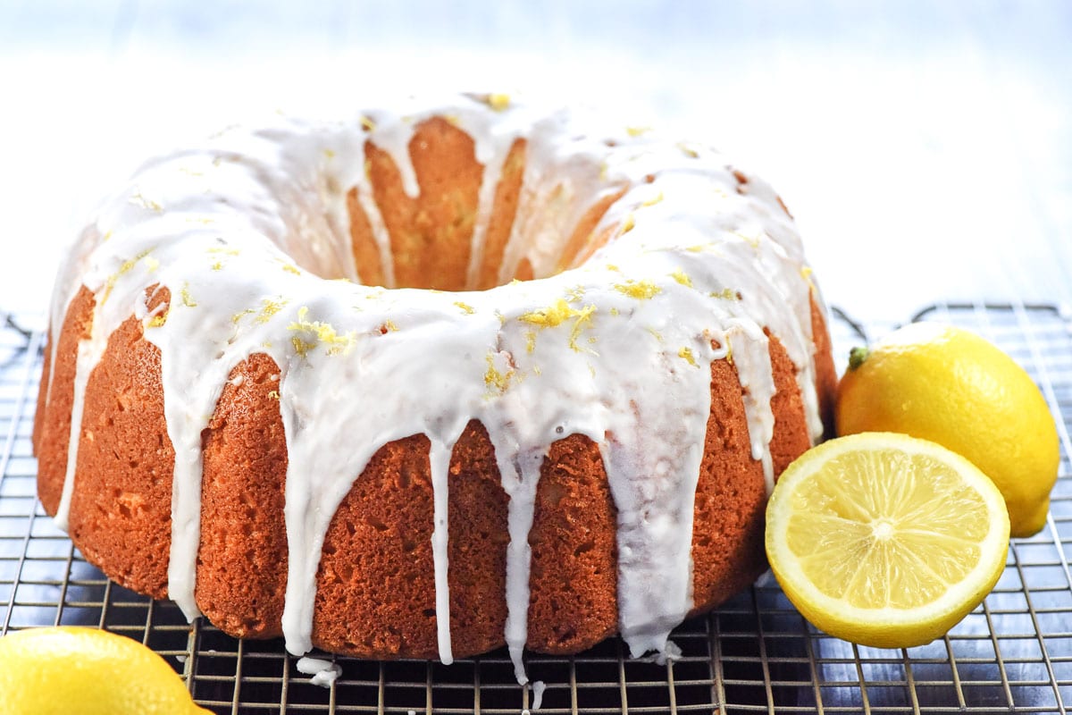 Lemon Pound Cake on cooling rack.