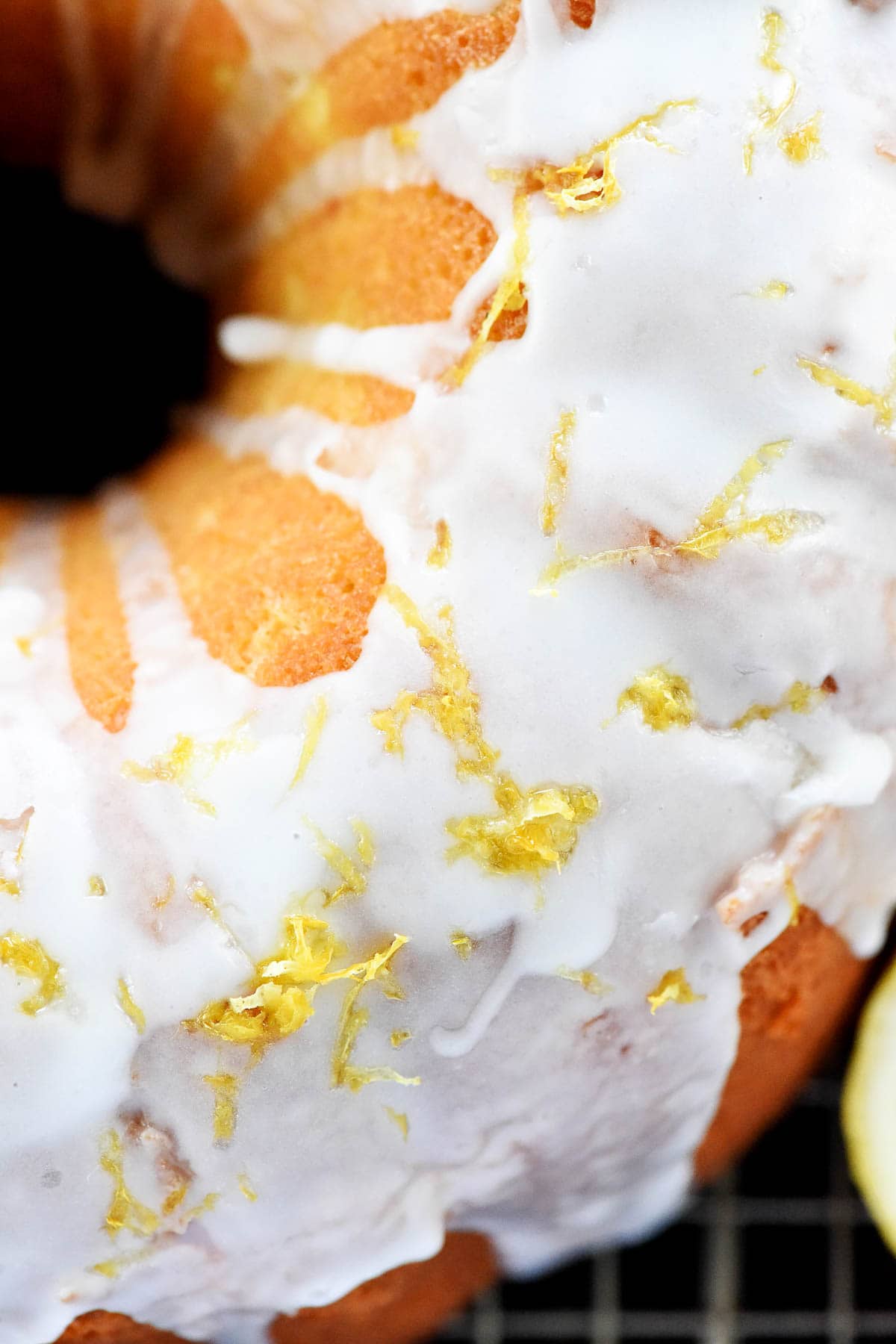 Close-up of lemon glaze for pound cake.