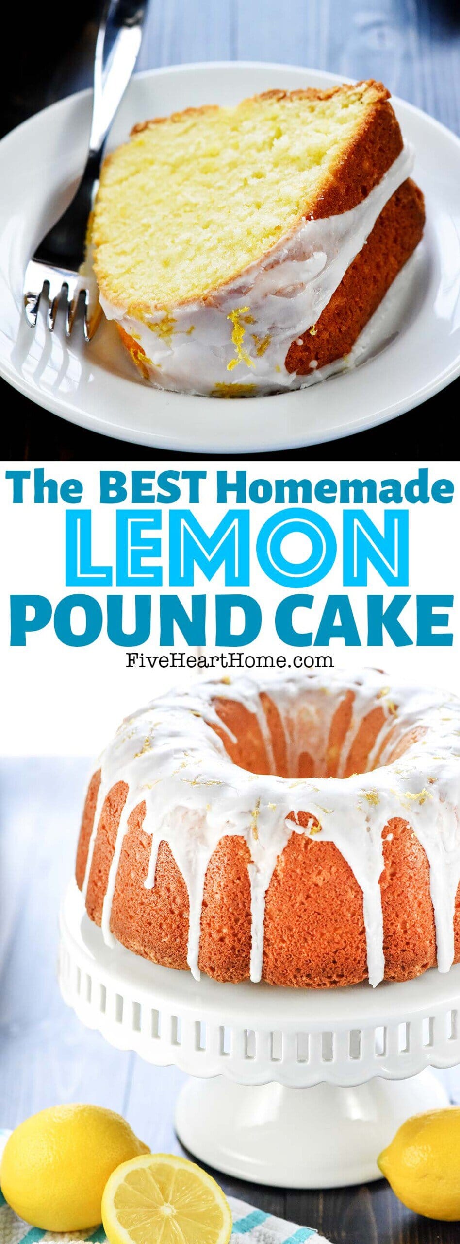 Lemon Pound Cake ~ soft and moist with a golden exterior and a tangy lemon glaze! Better yet, this easy lemon pound cake recipe makes a scrumptious dessert for Easter, spring, or summer! | FiveHeartHome.com via @fivehearthome
