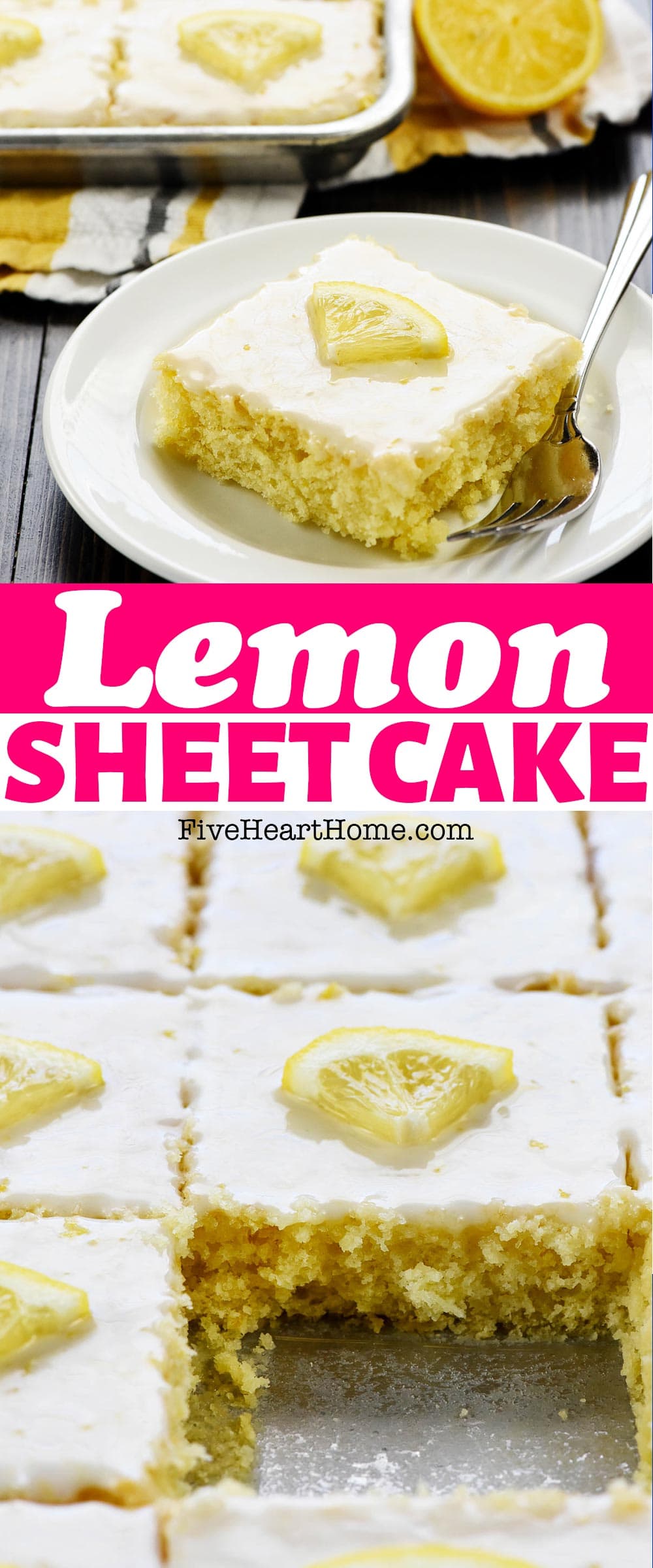 Lemon Sheet Cake ~ the BEST lemon cake recipe…a super moist, homemade, lemon-infused Texas sheet cake topped with a tangy lemon glaze. Better yet, this easy lemon cake feeds a crowd! | FiveHeartHome.com via @fivehearthome