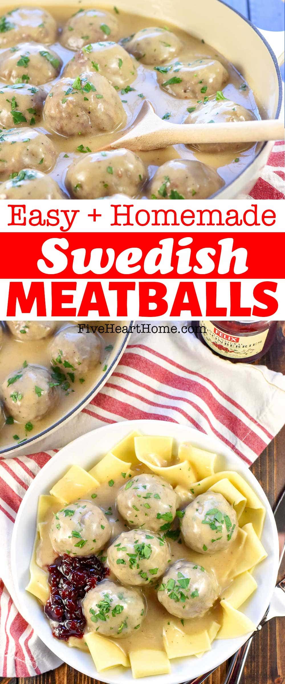 Swedish Meatballs ~ made from scratch, baked in the oven, and then simmered in a skillet of homemade sauce. Served over noodles or mashed potatoes, smothered in Swedish meatball sauce, and garnished with parsley and a dollop of lingonberry jam, this Swedish meatball recipe is an easy, delicious, family-pleasing dinner! | FiveHeartHome.com via @fivehearthome