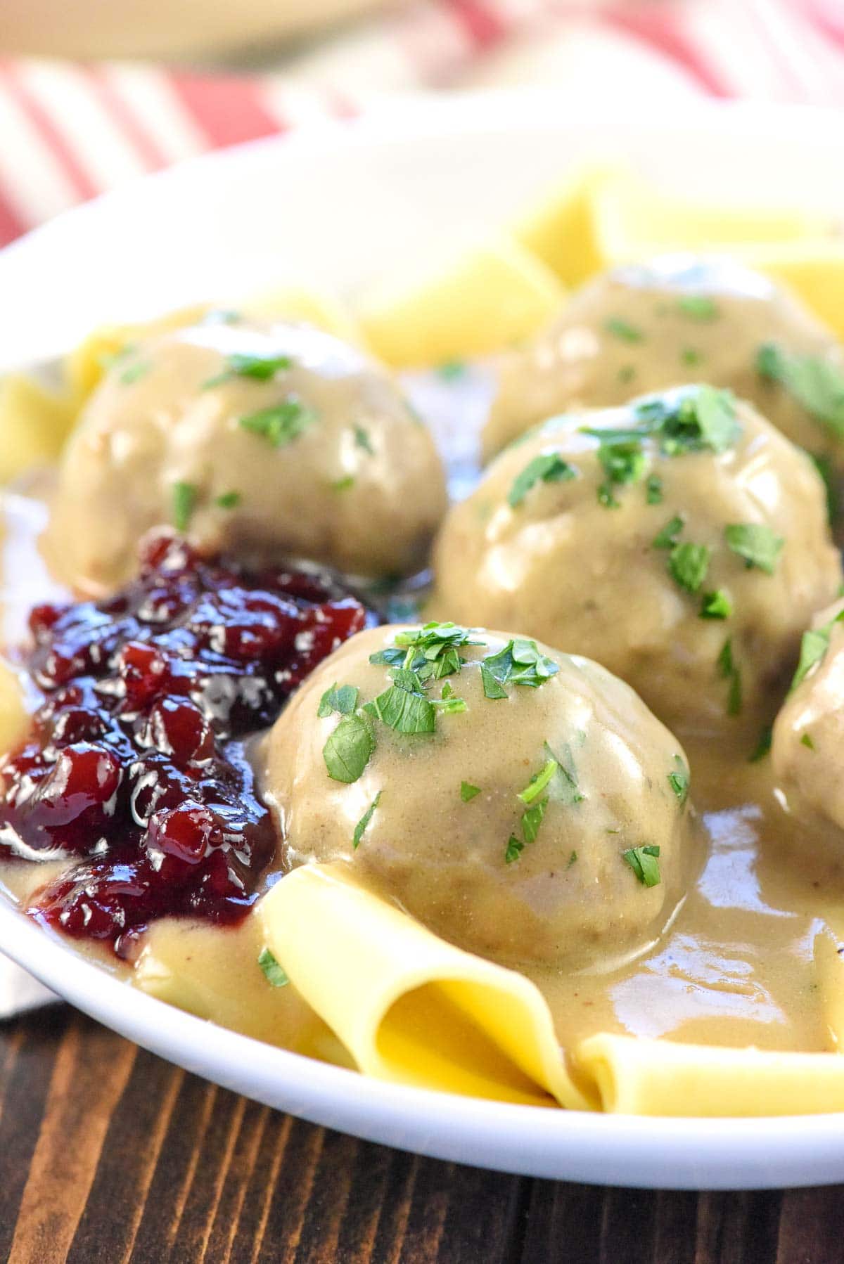 Close-up of Swedish Meatballs on plate.