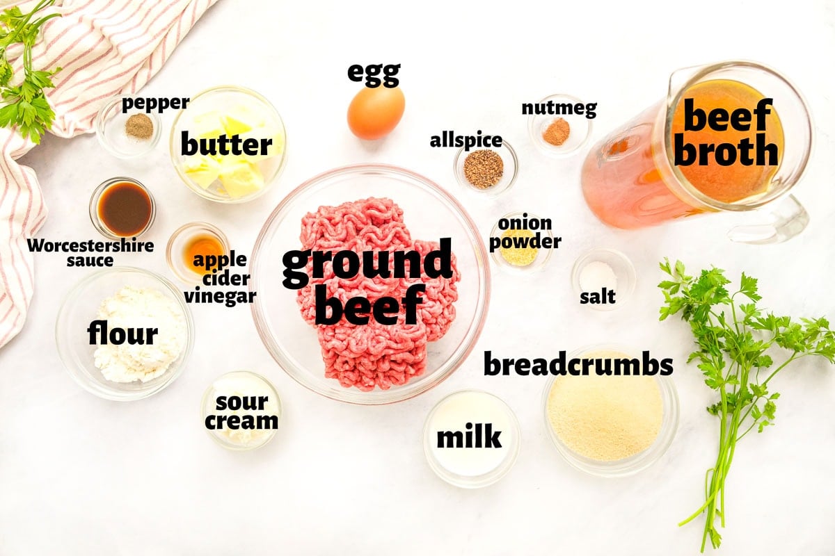 Labeled ingredients to make Swedish meatball recipe.