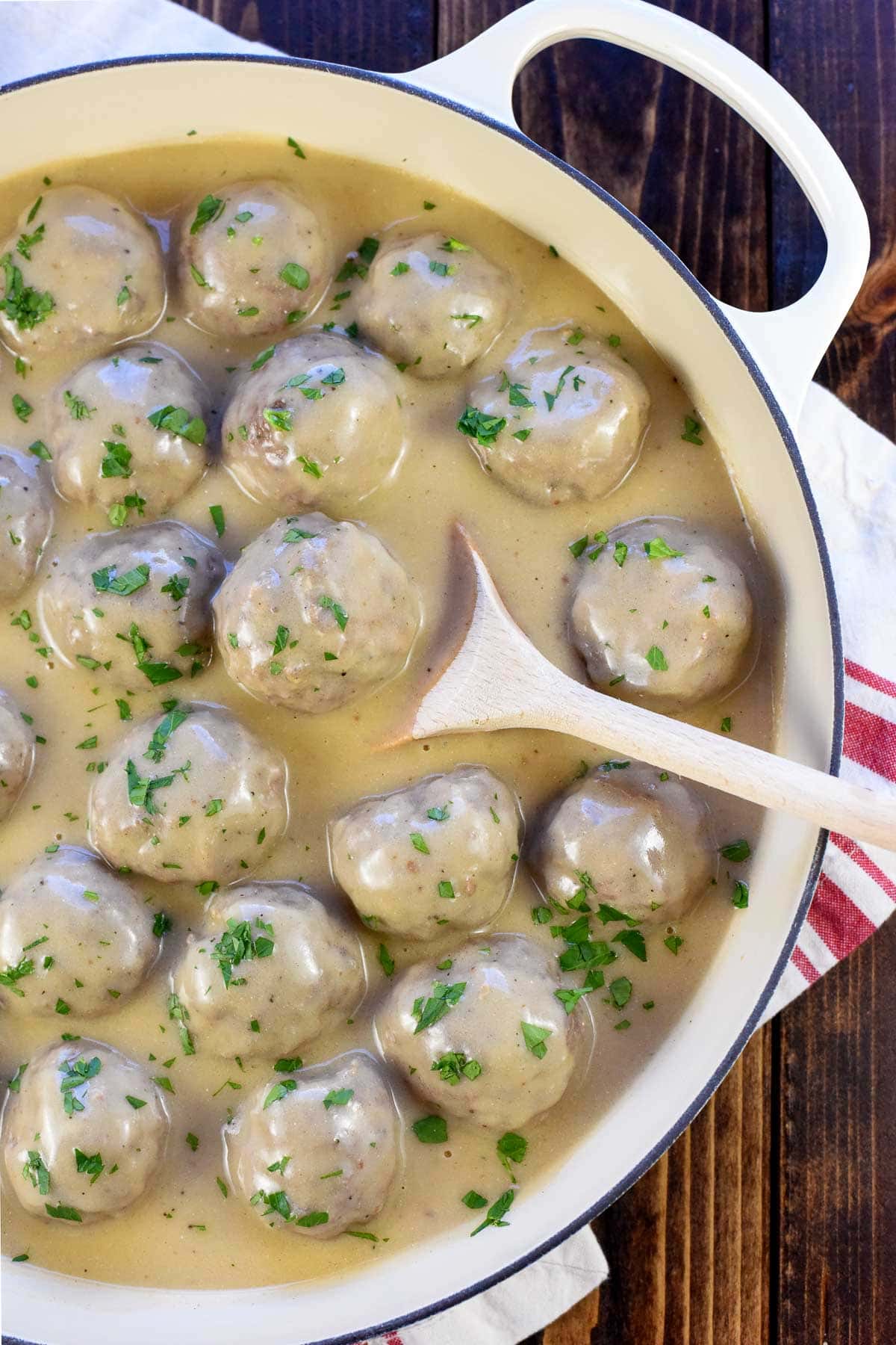 Aerial view of pan of Swedish Meatballs.