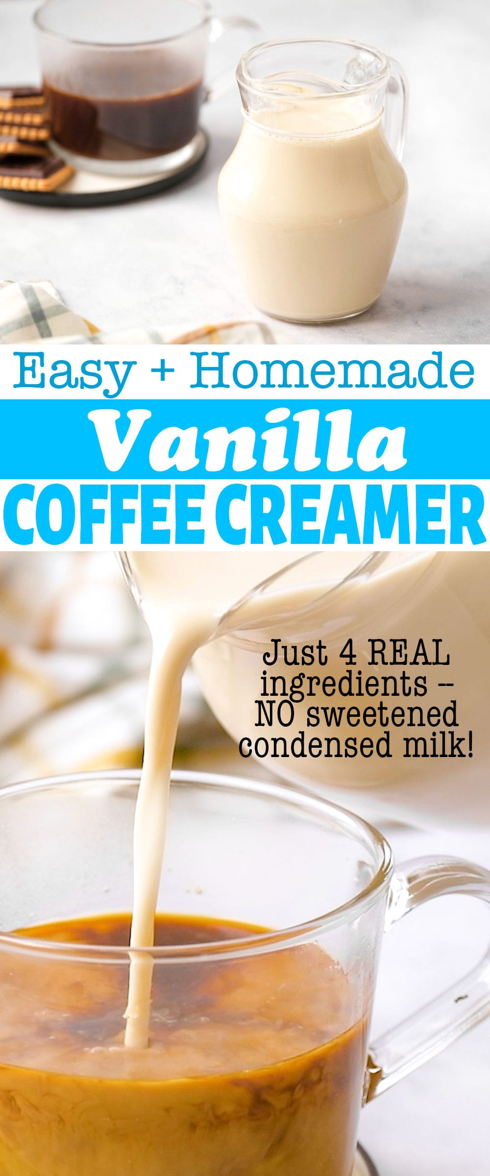 Homemade Vanilla Coffee Creamer ~ easy to make using just FOUR simple, real ingredients. This 5-minute recipe is flavored with vanilla extract and sweetened with maple syrup. Learn how to make coffee creamer without condensed milk! | FiveHeartHome.com via @fivehearthome