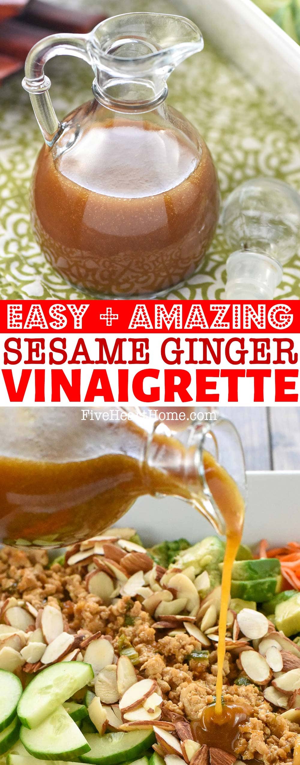 Asian Salad Dressing ~ an easy, from-scratch sesame ginger vinaigrette that's bursting with flavors of ginger, garlic, sesame oil, soy sauce, rice vinegar, and honey! This Asian dressing recipe is delicious over green salad, sliced cucumbers, Asian slaw, and so much more! | FiveHeartHome.com via @fivehearthome