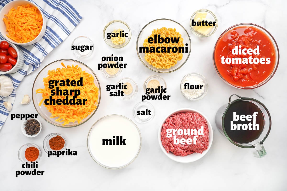 Labeled ingredients to make Homemade Hamburger Helper.