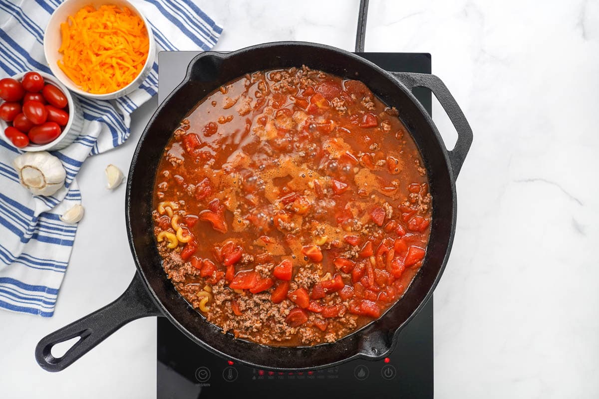 Combining ground beef with spices and diced tomatoes as a standard way to make homemade hamburger helper recipes.