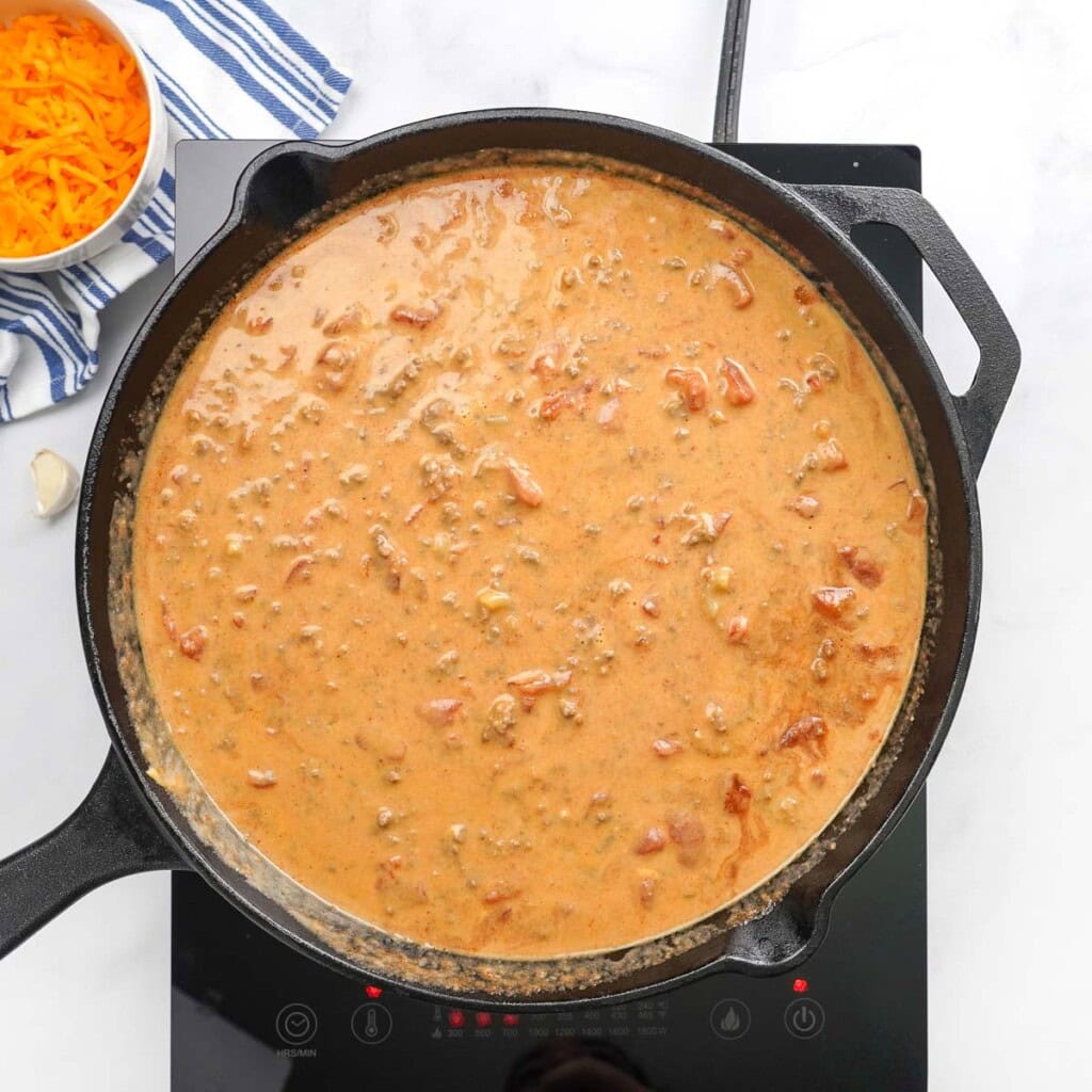 Homemade Hamburger Helper recipe in skillet.