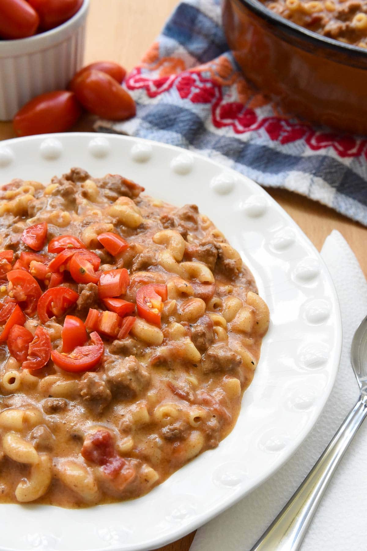 Hamburger helper homemade on white plate.