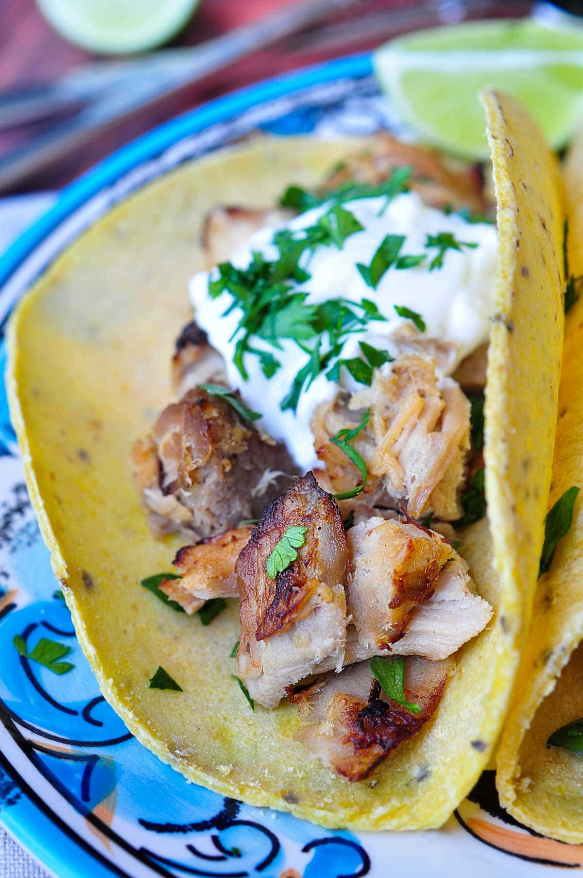 Carnitas recipe on corn tortillas with cilantro and sour cream.