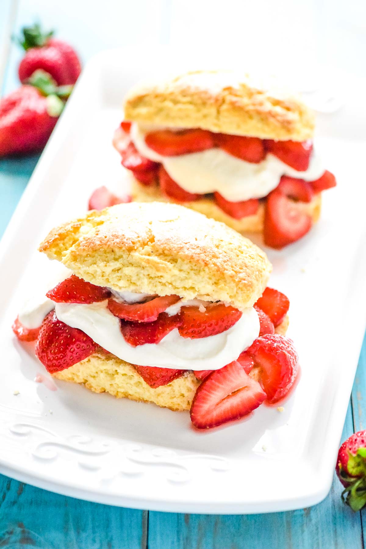 Two Strawberry Shortcake recipes on platter.