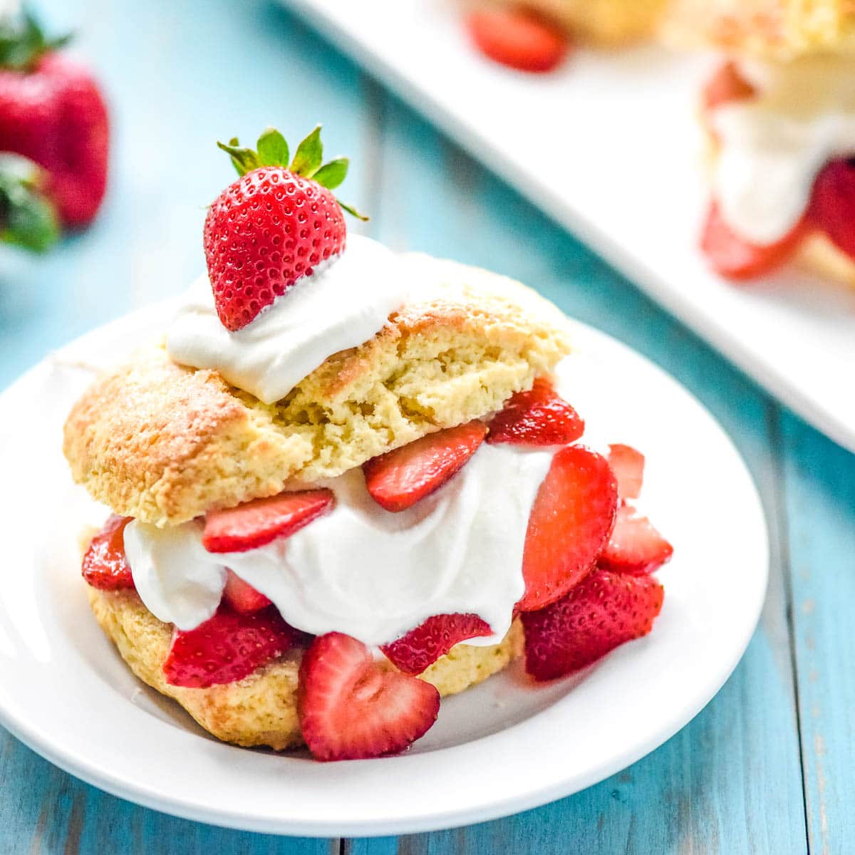 Strawberry Shortcake recipe on white plate.