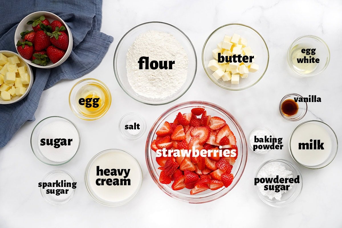 Labeled ingredients needed for Strawberry Shortcake recipes.