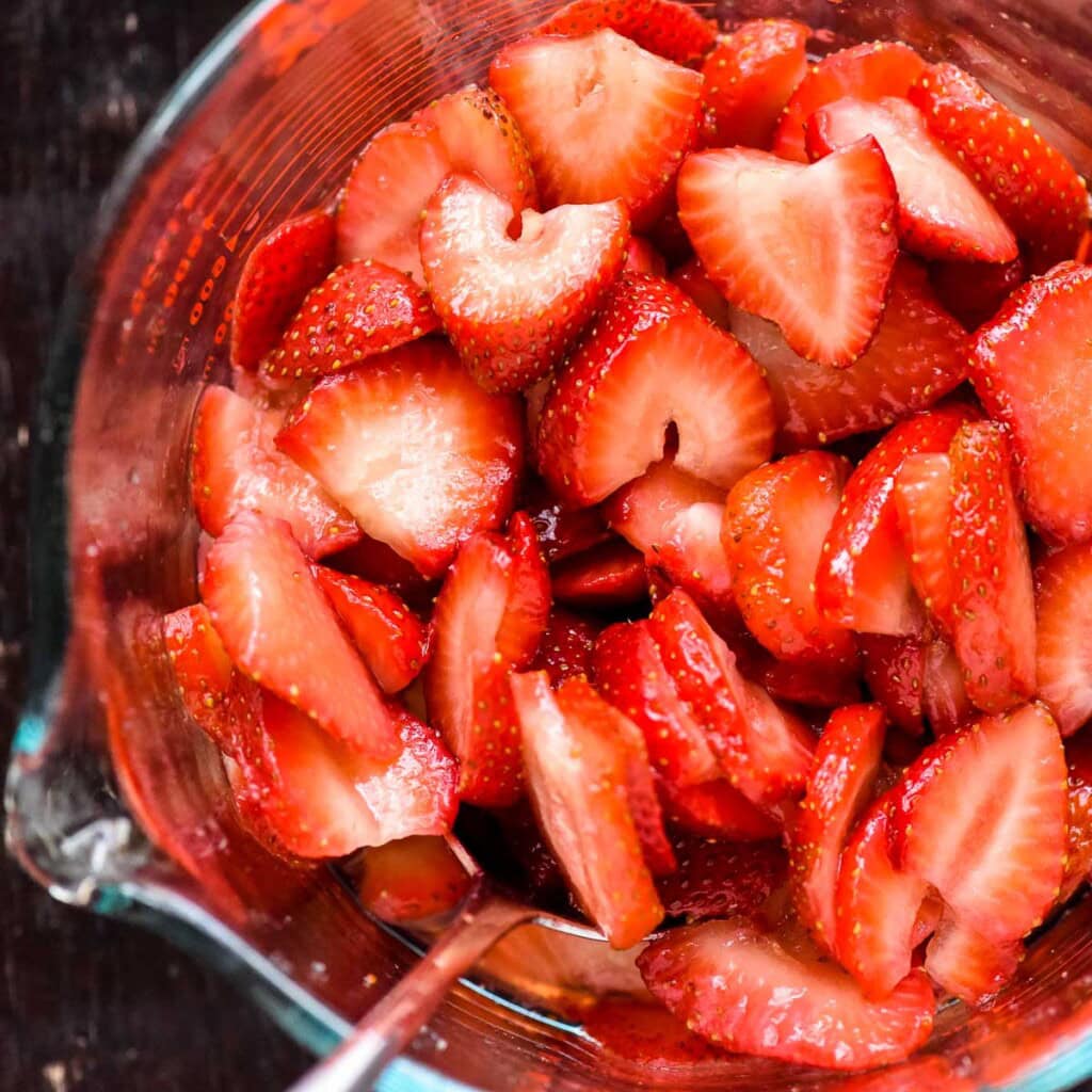 Macerated strawberries for best Strawberry Shortcake recipe.