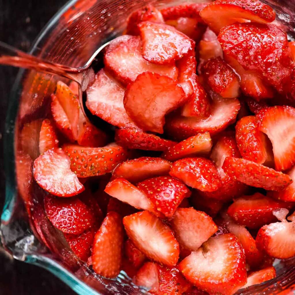 Macerated strawberries for classic Strawberry Shortcake.