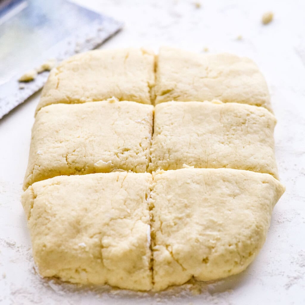 Shortcake recipe cut into six squares.