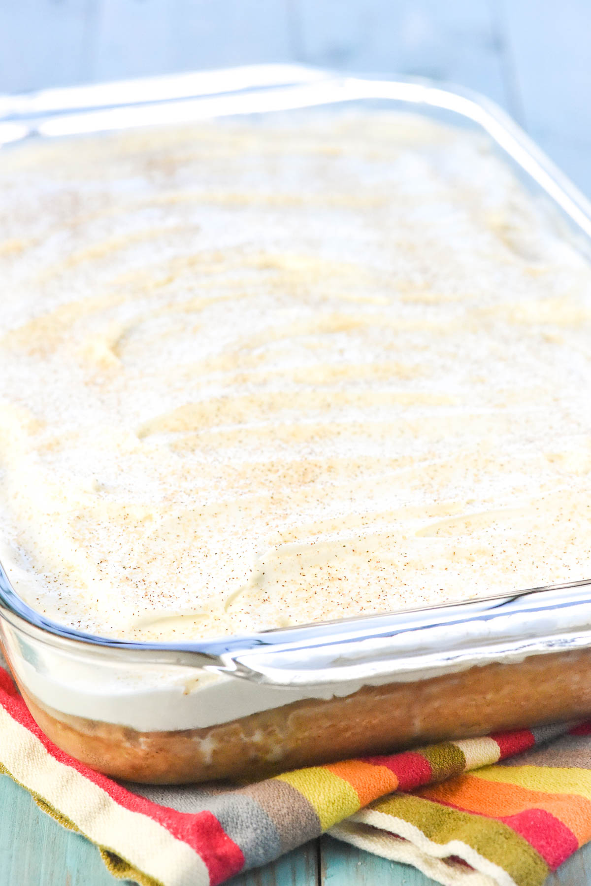 Tres Leches Cake in baking dish.