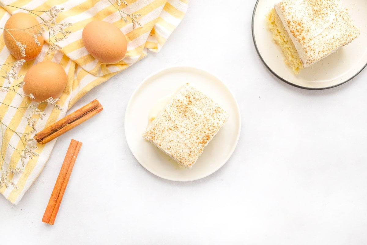 Aerial view of easy tres leches cake on two plates.