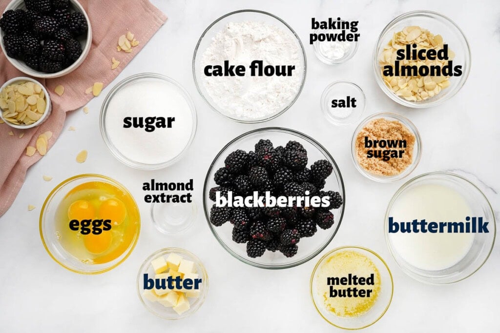 Labeled ingredients to make Blackberry Cake recipe.