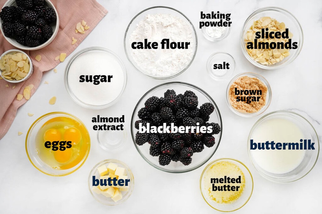 Labeled ingredients to make Blackberry Cake recipe.