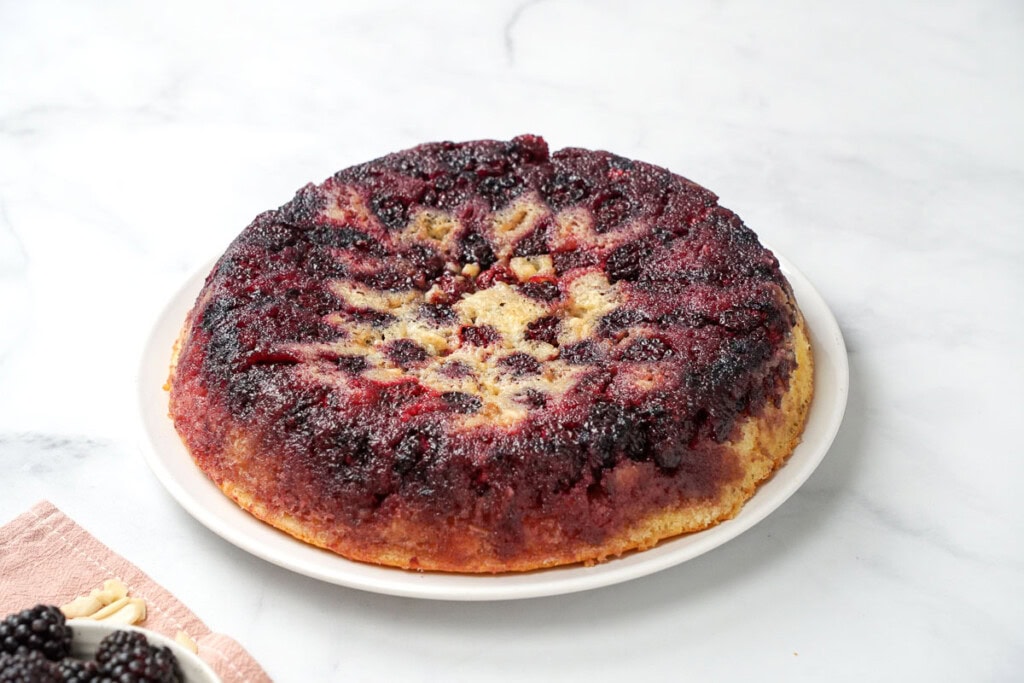 Blackberry Cake overturned onto platter.