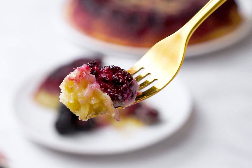 Bite of Blackberry Cake on fork.