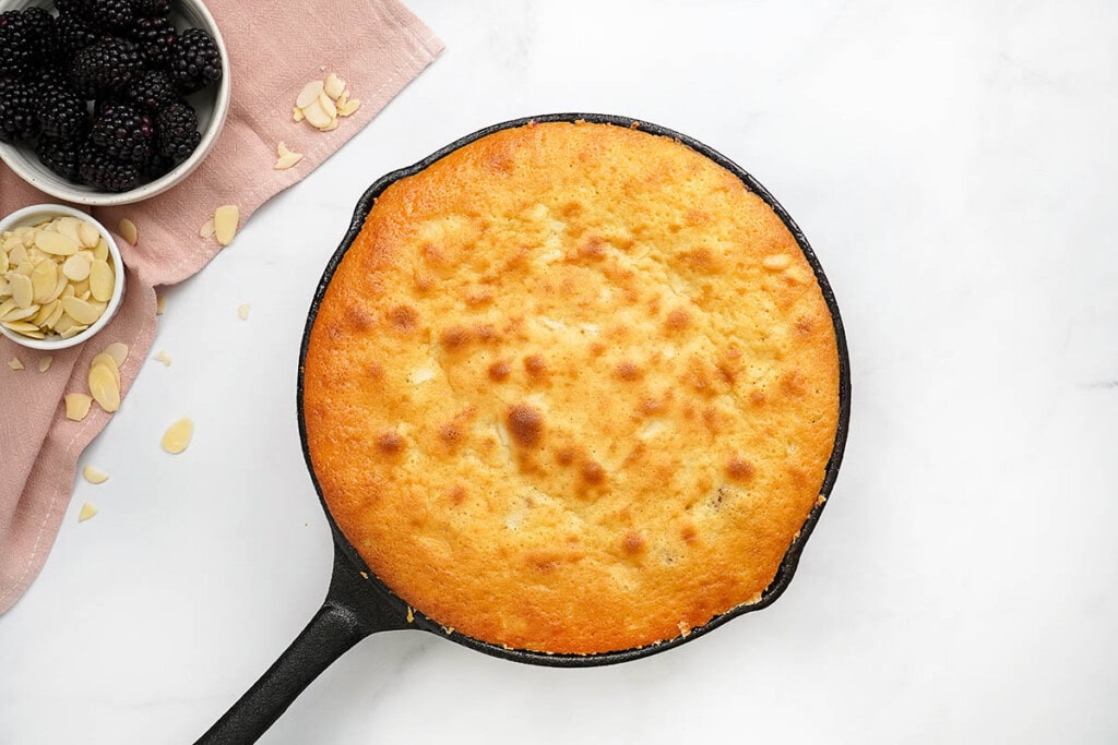 Blackberry Cake recipe in skillet, fresh out of the oven.