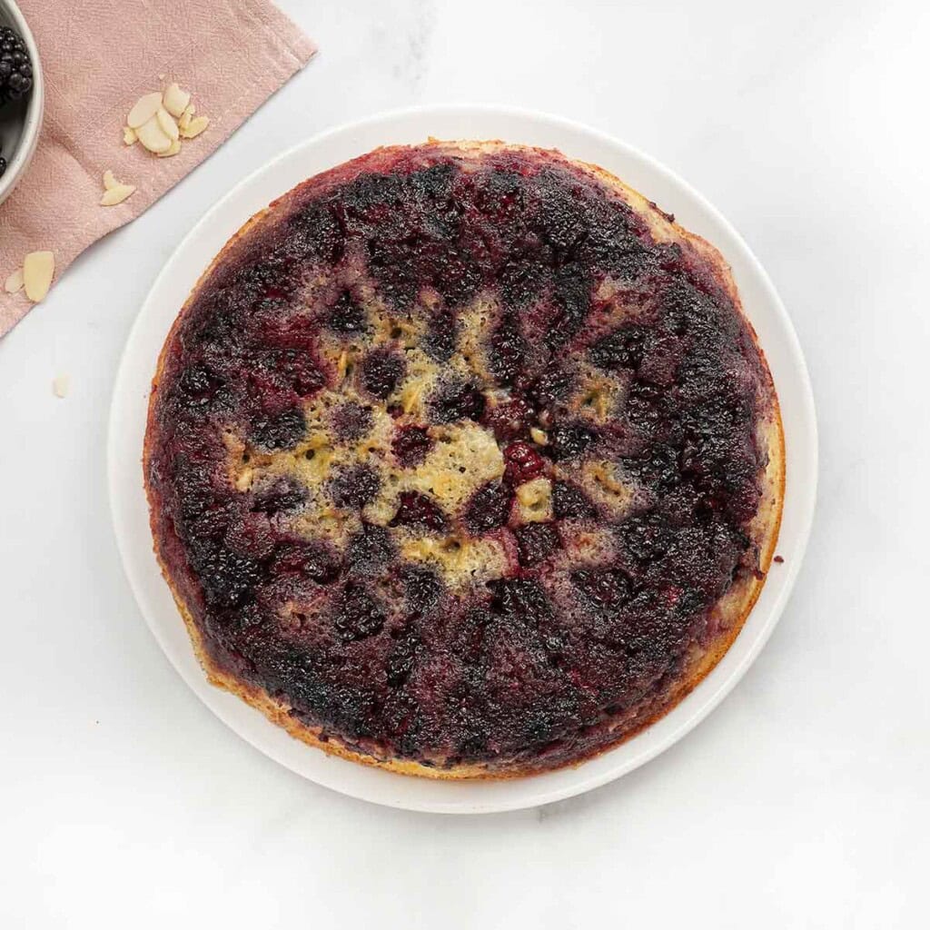 Blackberry Cake recipe overturned onto platter.