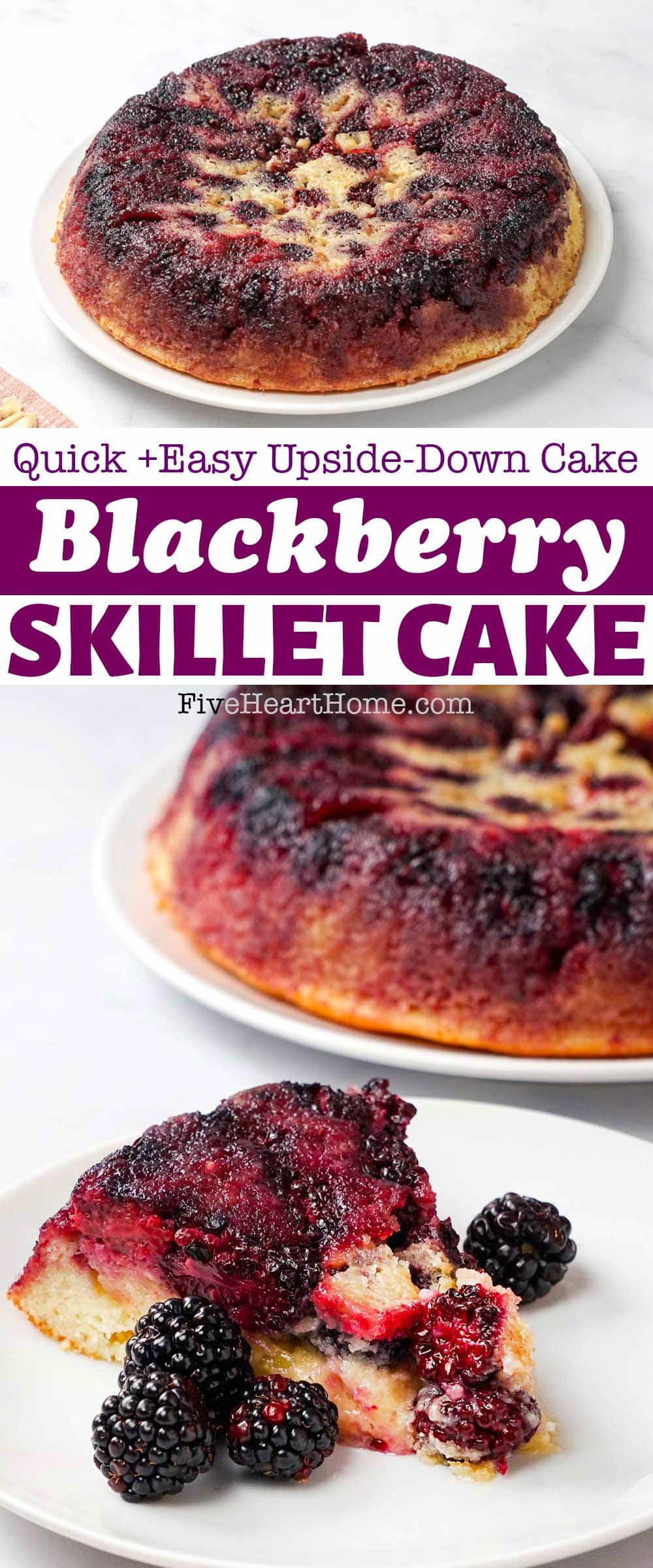 Blackberry Cake ~ a delicious, upside-down skillet cake featuring plump, fresh blackberries and a simple, homemade batter. This blackberry cake recipe is easy to make, impressive to serve, and tastes like summer! | FiveHeartHome.com via @fivehearthome