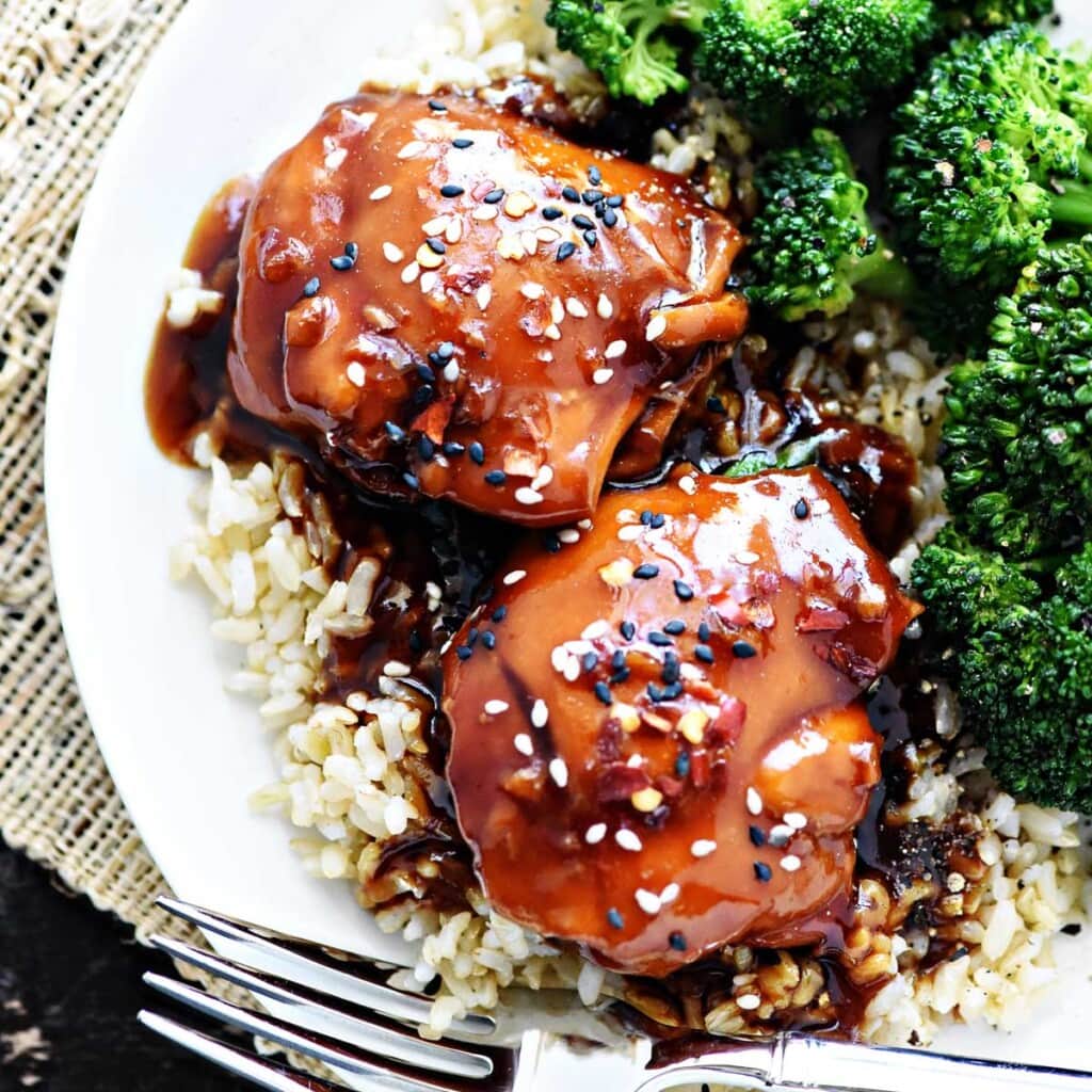 Instant Pot Teriyaki Chicken on plate with rice and broccoli.