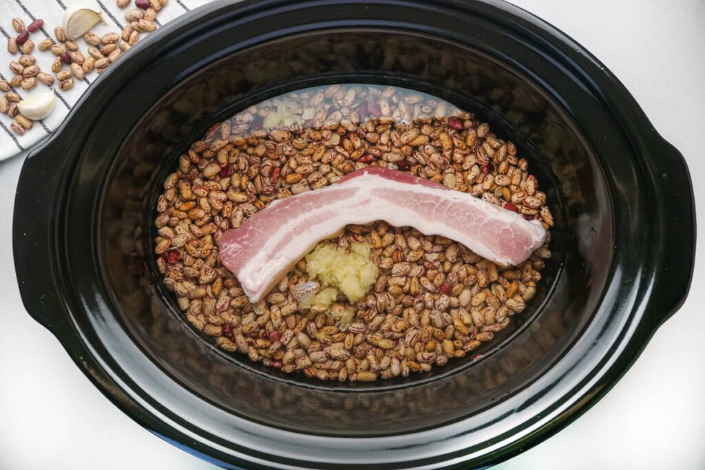 Salt pork and garlic added to slow cooker.