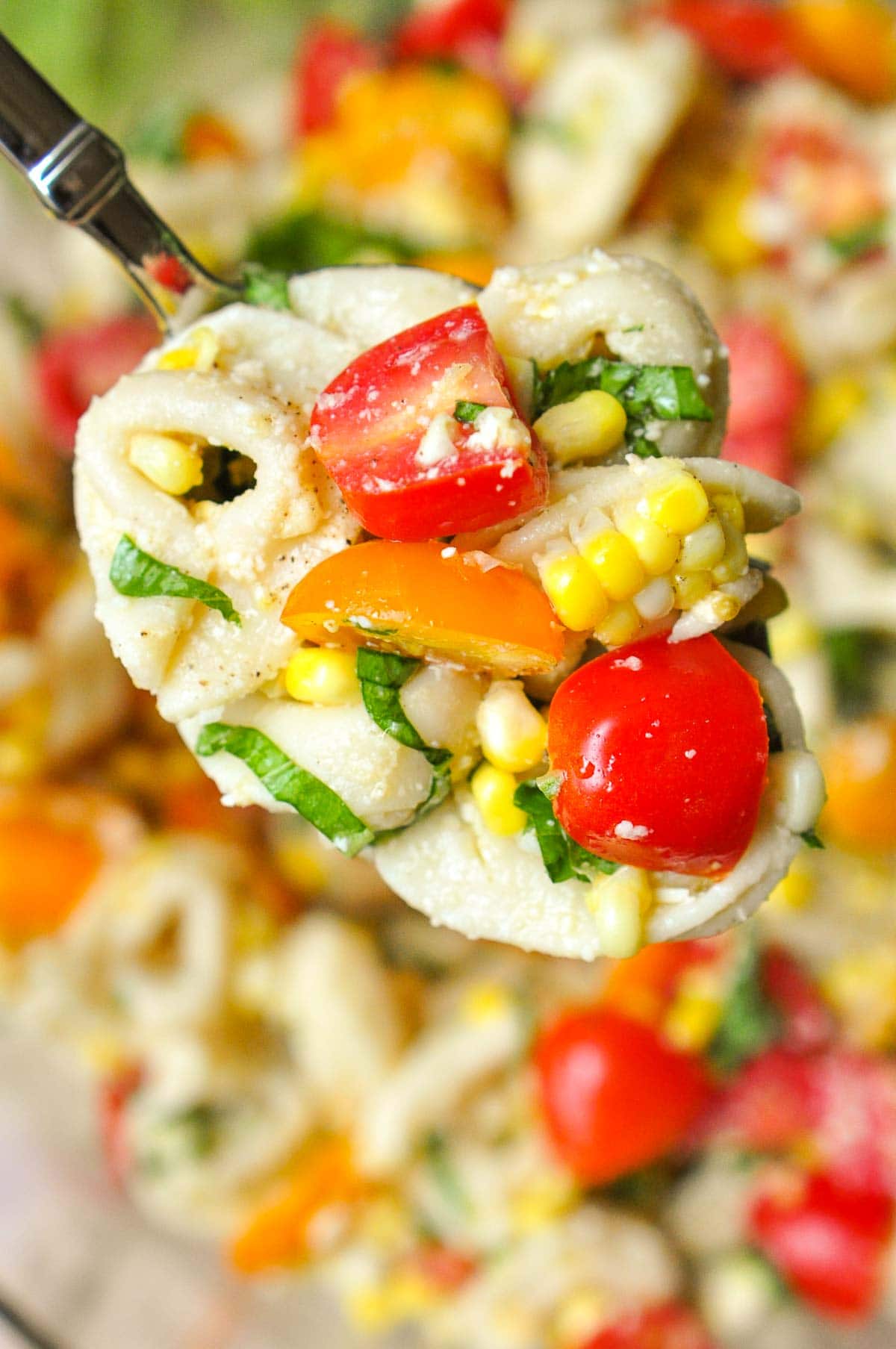 Tortellini Pasta Salad in serving spoon.